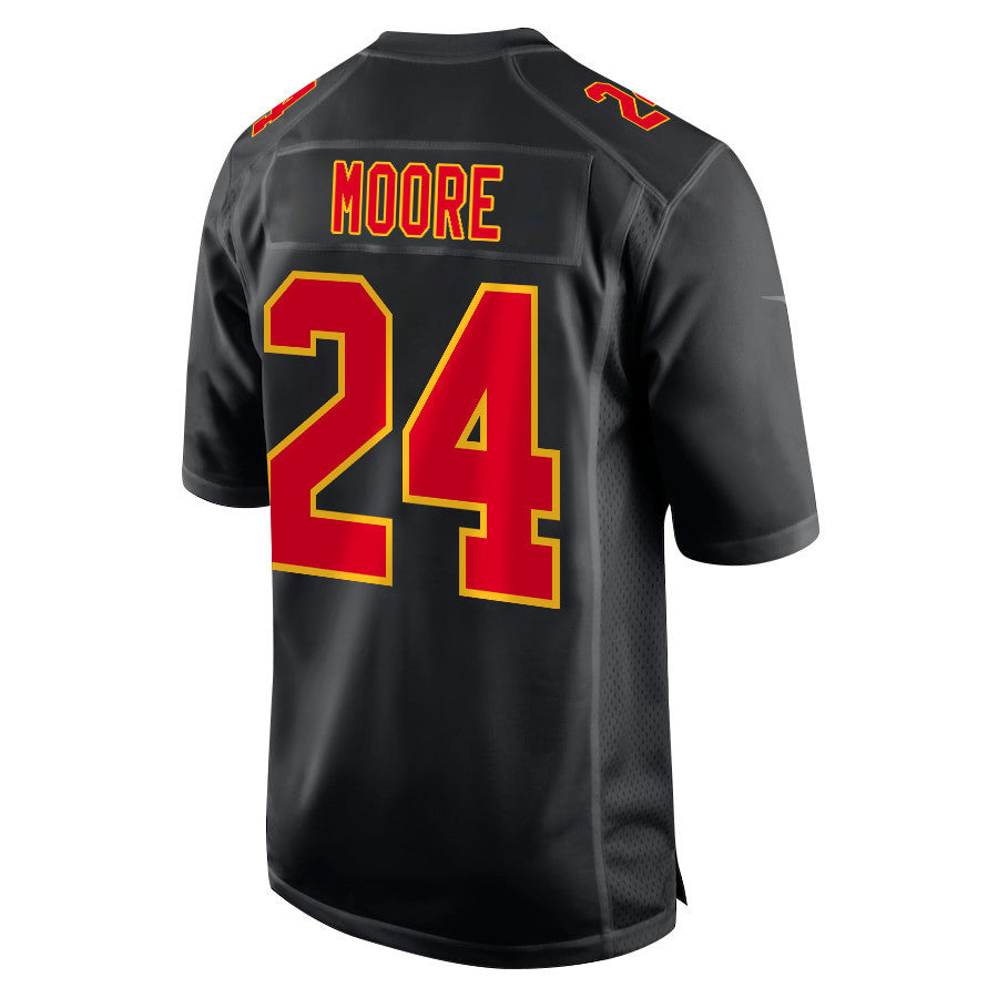 Skyy Moore 24 Kansas City Chiefs Super Bowl LVIII Champions 4 Stars Patch Fashion Game Jersey – Carbon Black JS2302
