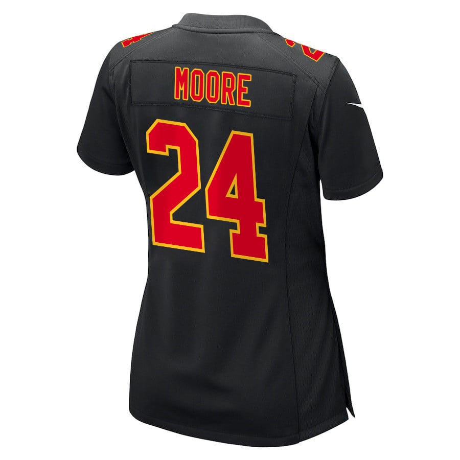 Skyy Moore 24 Kansas City Chiefs Super Bowl LVIII Champions 4 Stars Patch Fashion Game Jersey – Carbon Black JS9474