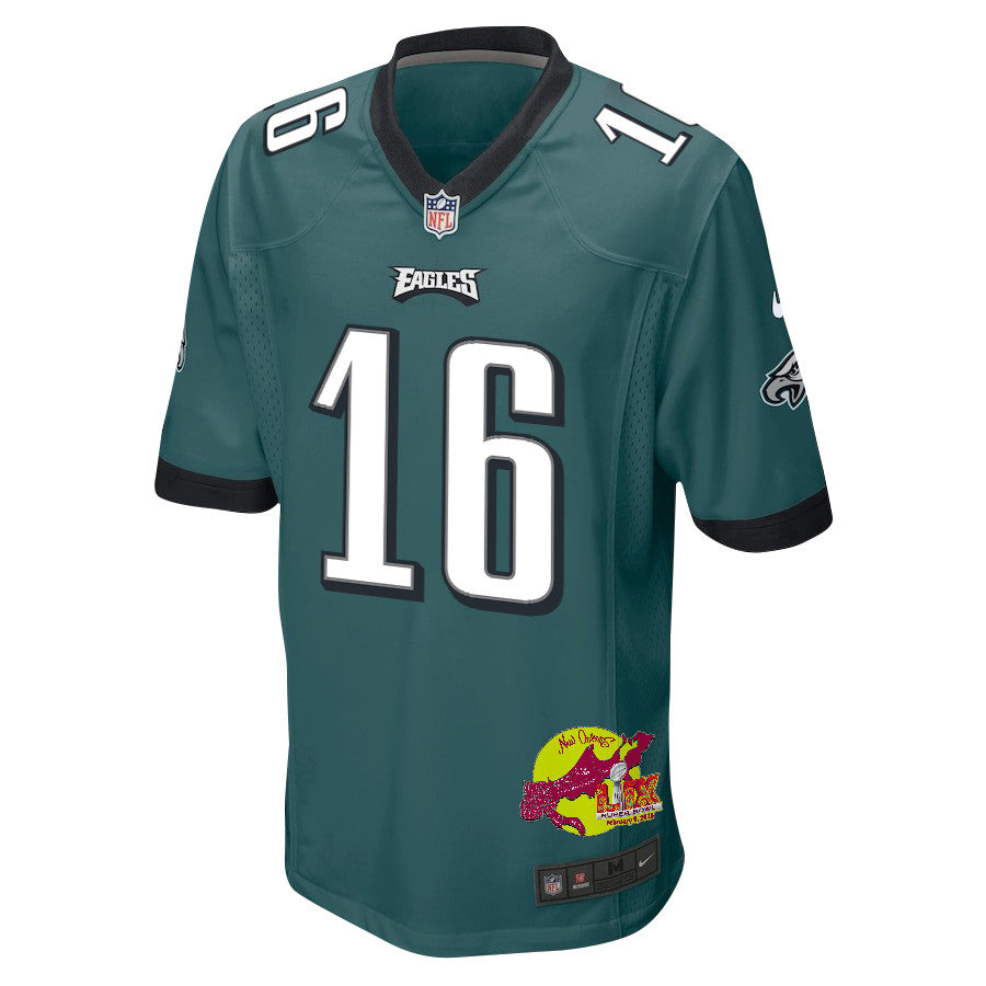 Tanner McKee 16 Philadelphia Eagles Super Bowl LIX New Orleans Patch Game Jersey – Midnight Green JS7935