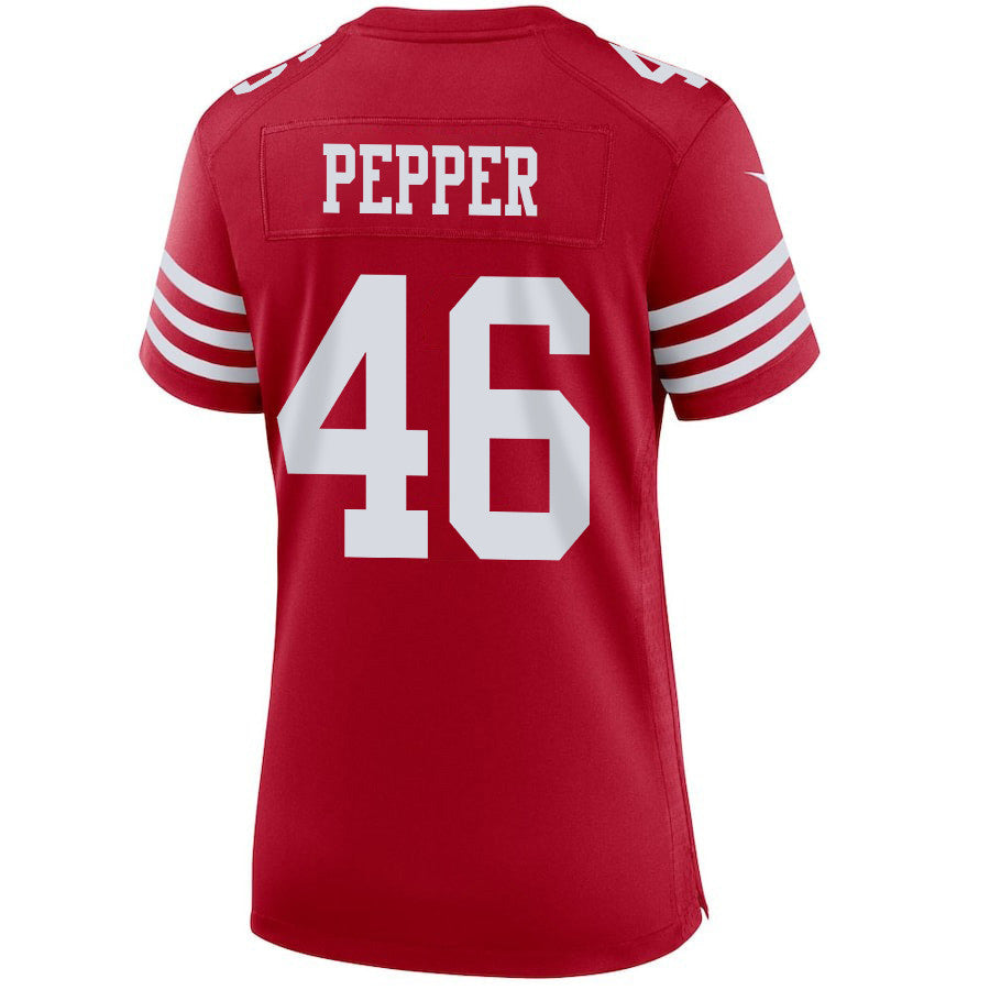 Taybor Pepper 46 San Francisco 49ers Super Bowl LVIII Patch Game Jersey – Scarlet JS5586