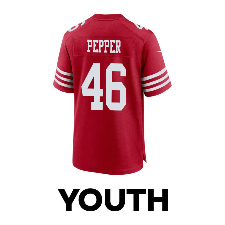 Taybor Pepper 46 San Francisco 49ers Super Bowl LVIII Patch Game Jersey – Scarlet JS1194