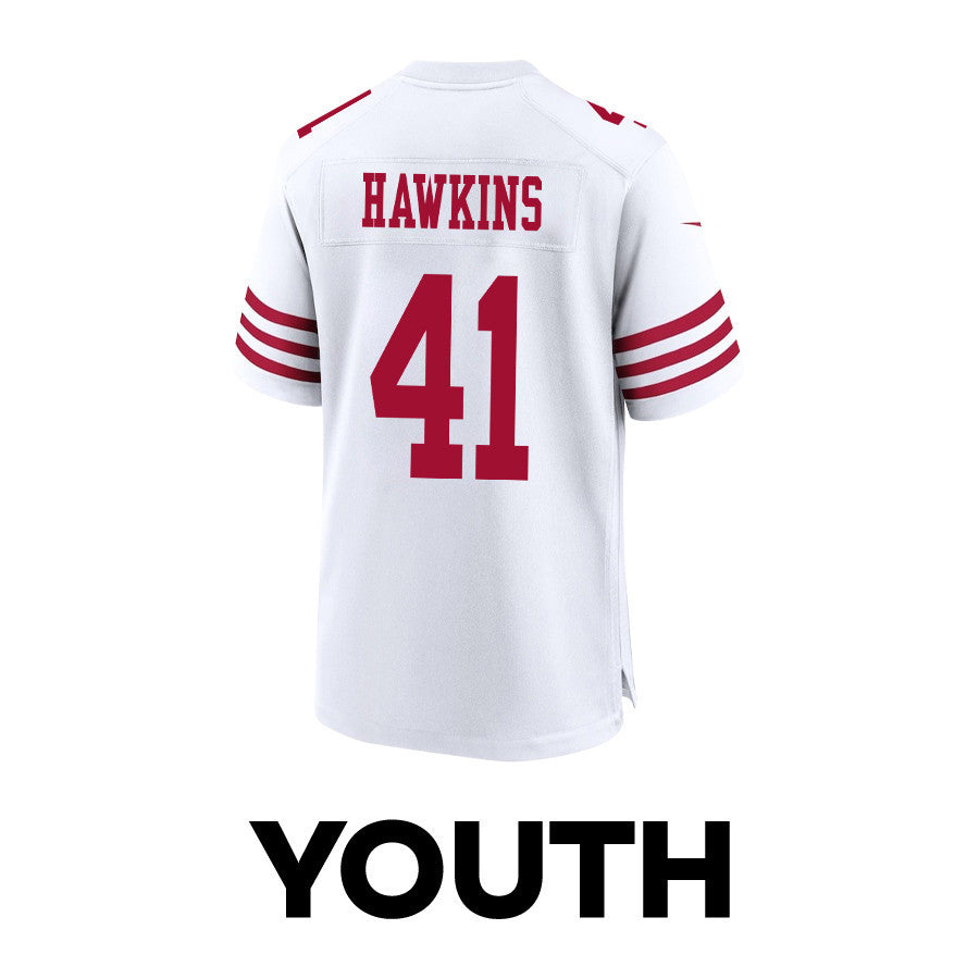 Tayler Hawkins 41 San Francisco 49ers Super Bowl LVIII Patch Game Jersey – White JS6711