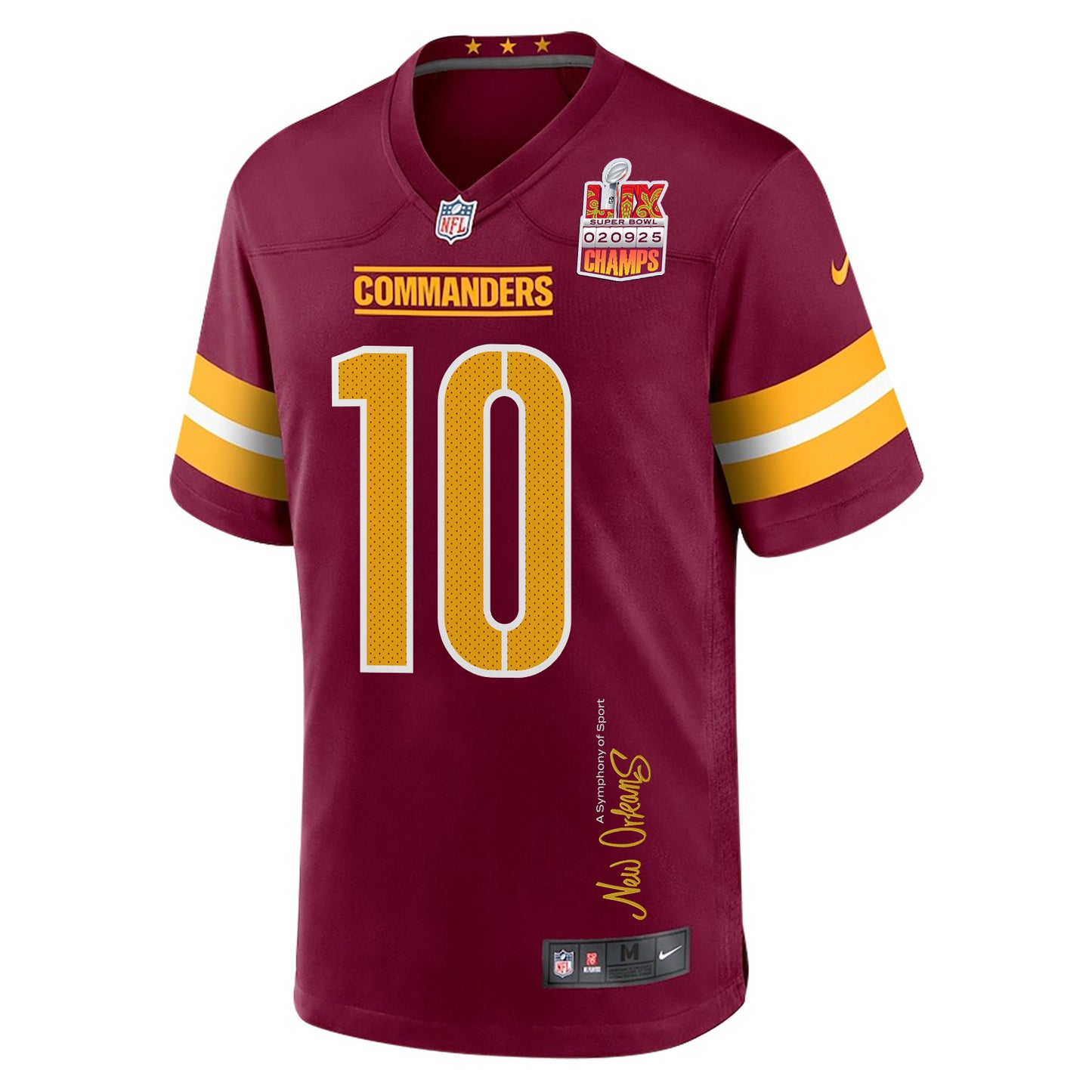 Tress Way 10 Washington Commanders Super Bowl LIX Champions Patch 'New Orleans – A Symphony of Sport' EMBROIDERED Game Jersey – Burg