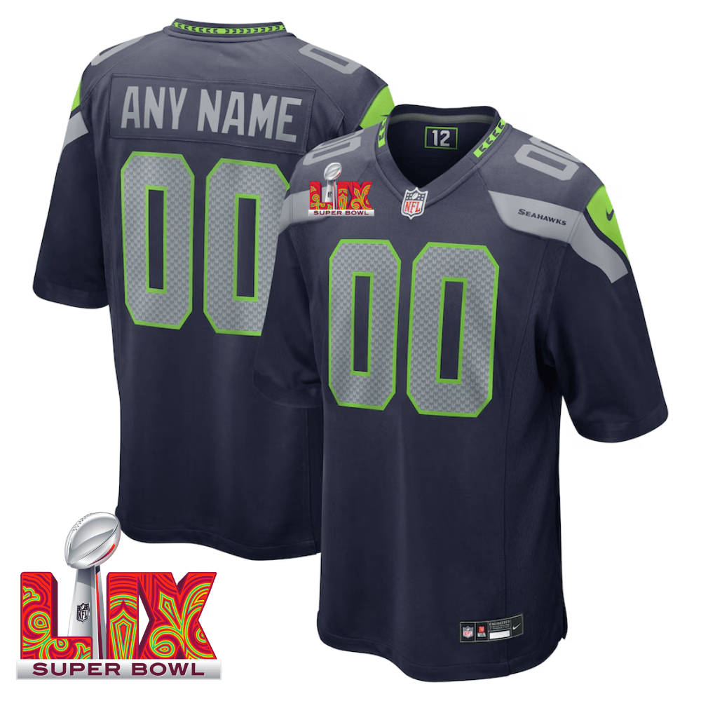 Seattle Seahawks Super Bowl LIX Patch Game Custom Jersey – College Navy JS7852