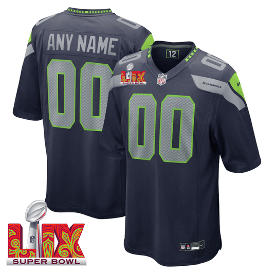 Seattle Seahawks Super Bowl LIX Patch Game Custom Jersey – College Navy JS7852