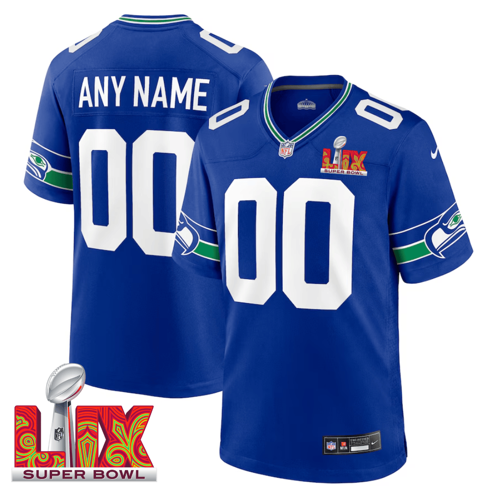 Seattle Seahawks Super Bowl LIX Patch Throwback Game Custom Jersey – Royal JS8485