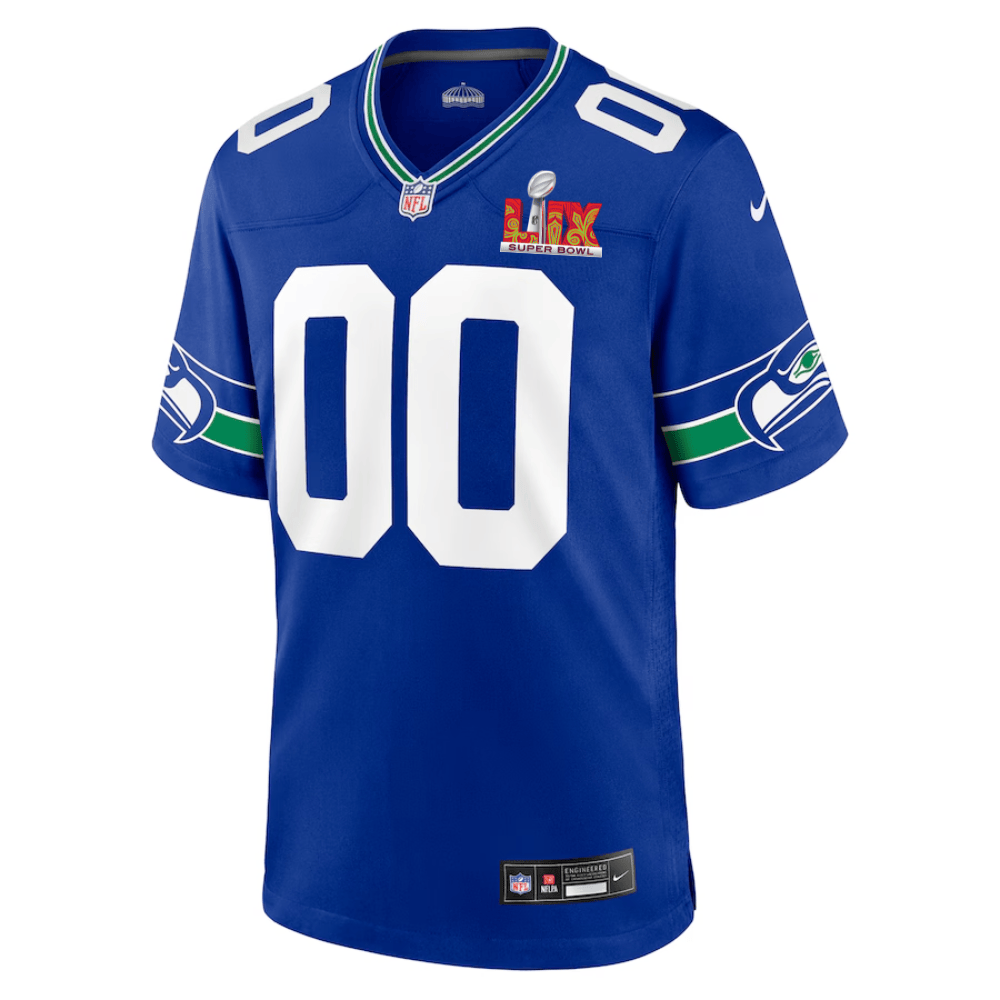 Seattle Seahawks Super Bowl LIX Patch Throwback Game Custom Jersey – Royal JS8485