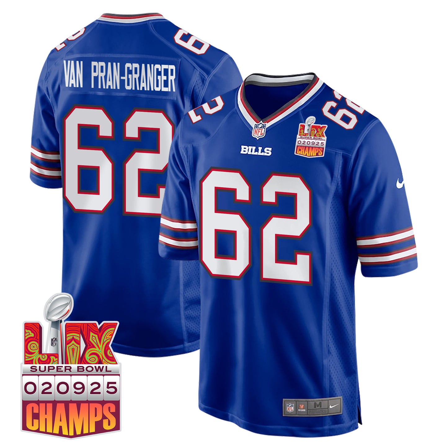 Sedrick Van Pran-Granger 62 Buffalo Bills Super Bowl LIX Champions Patch Game Jersey – Royal JS8970