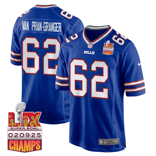 Sedrick Van Pran-Granger 62 Buffalo Bills Super Bowl LIX Champions Patch Game Jersey – Royal JS8970