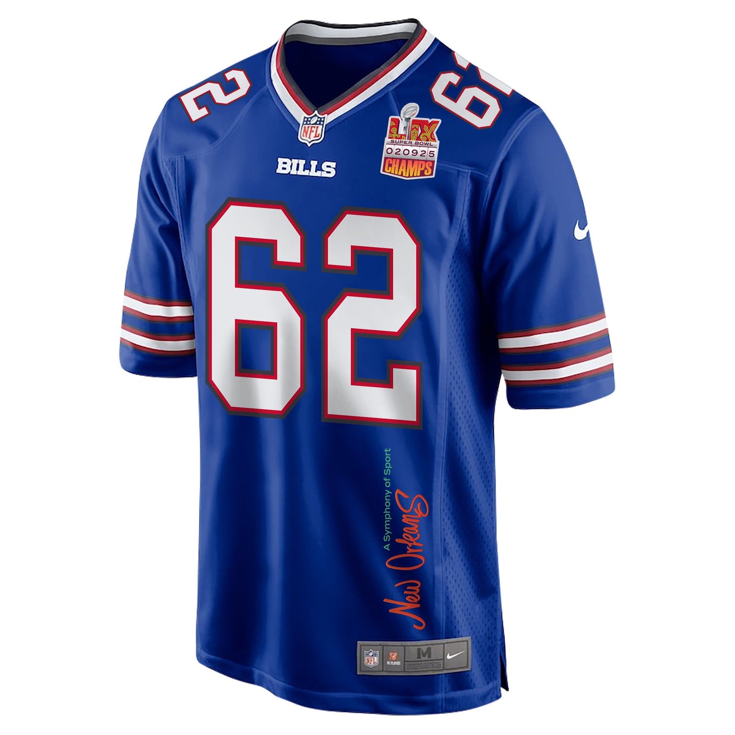 Sedrick Van Pran-Granger 62 Buffalo Bills Super Bowl LIX Champions Patch 'New Orleans – A Symphony of Sport' EMBROIDERED Game Jersey