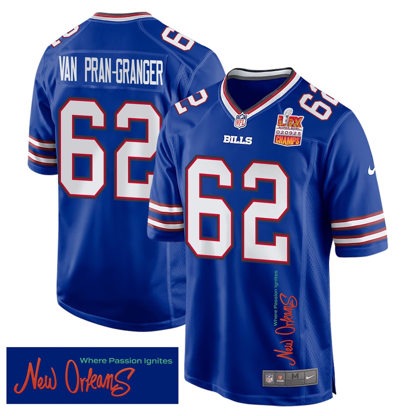 Sedrick Van Pran-Granger 62 Buffalo Bills Super Bowl LIX Champions Patch 'New Orleans Jersey