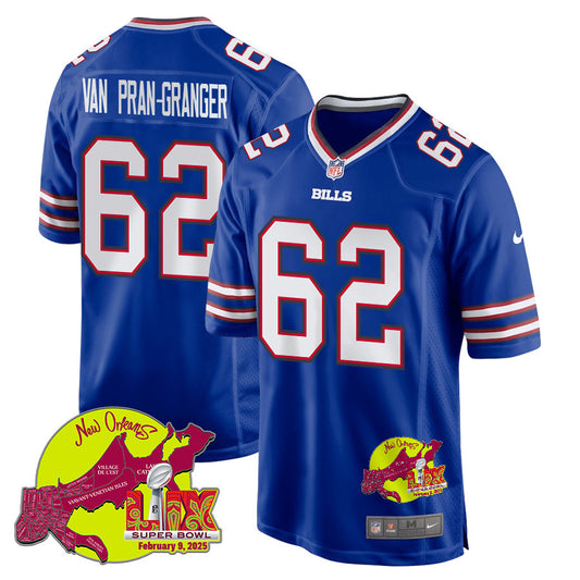 Sedrick Van Pran-Granger 62 Buffalo Bills Super Bowl LIX New Orleans Patch Game Jersey – Royal JS3296