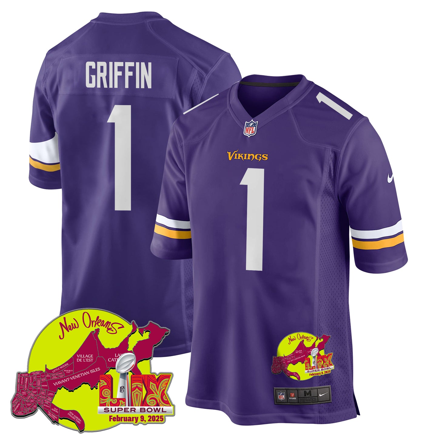 Shaq Griffin 1 Minnesota Vikings Super Bowl LIX New Orleans Patch Game Jersey – Purple JS9950