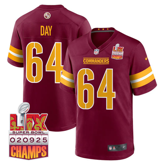 Sheldon Day 64 Washington Commanders Super Bowl LIX Champions Patch Game Jersey – Burgundy JS9225