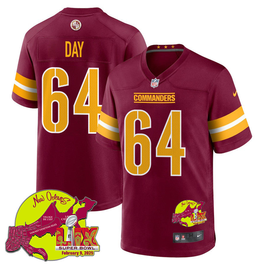 Sheldon Day 64 Washington Commanders Super Bowl LIX New Orleans Patch Game Jersey – Burgundy JS4659