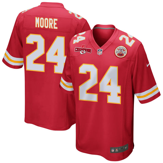 Skyy Moore 24 Kansas City Chiefs AFC Champions Patch Game Jersey – Red JS2183