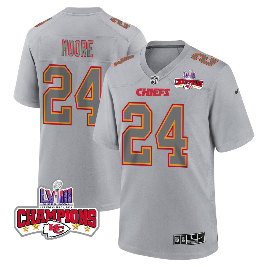 Skyy Moore 24 Kansas City Chiefs Super Bowl LVIII Champions 4 Stars Patch Atmosphere Fashion Game Jersey – Gray JS1980