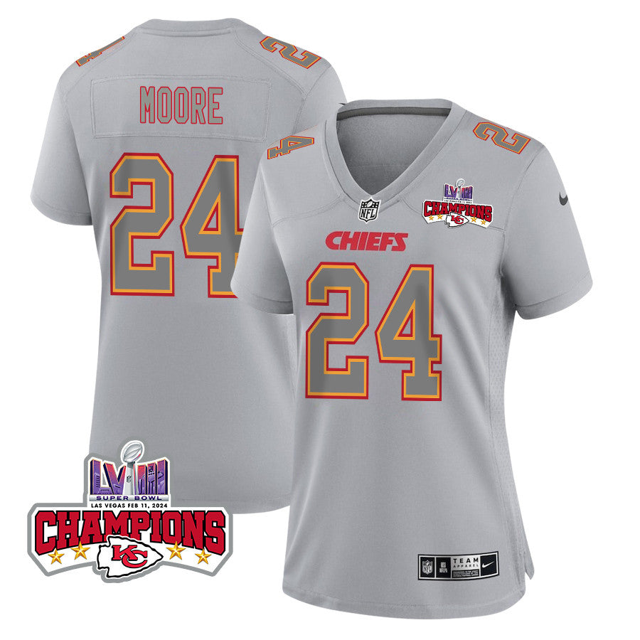 Skyy Moore 24 Kansas City Chiefs Super Bowl LVIII Champions 4 Stars Patch Atmosphere Fashion Game Jersey – Gray JS9972