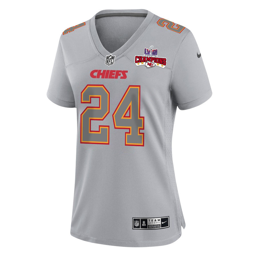 Skyy Moore 24 Kansas City Chiefs Super Bowl LVIII Champions 4 Stars Patch Atmosphere Fashion Game Jersey – Gray JS9972