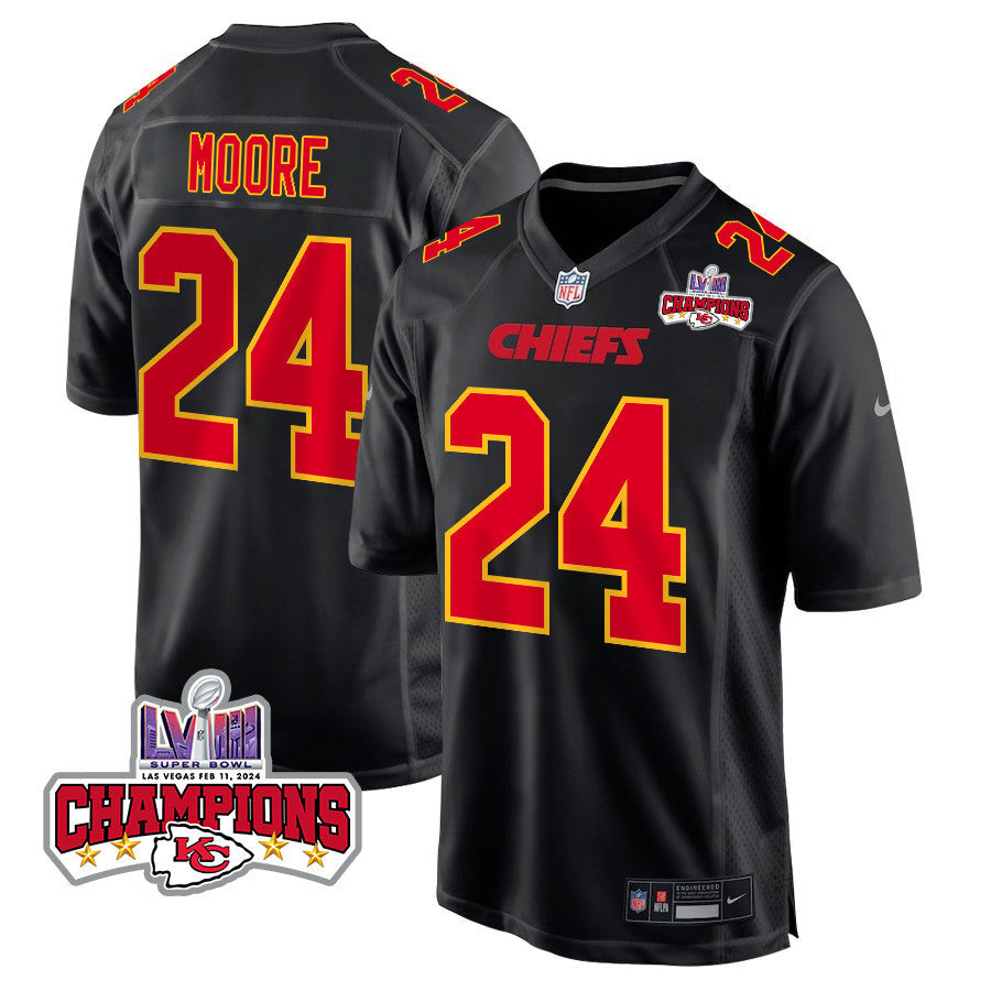 Skyy Moore 24 Kansas City Chiefs Super Bowl LVIII Champions 4 Stars Patch Fashion Game Jersey – Carbon Black JS2302