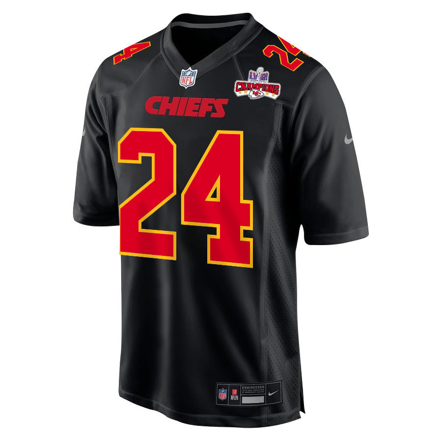Skyy Moore 24 Kansas City Chiefs Super Bowl LVIII Champions 4 Stars Patch Fashion Game Jersey – Carbon Black JS2302
