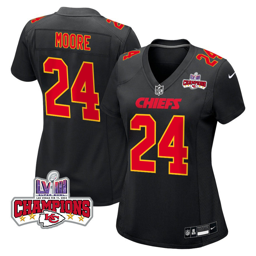 Skyy Moore 24 Kansas City Chiefs Super Bowl LVIII Champions 4 Stars Patch Fashion Game Jersey – Carbon Black JS9474