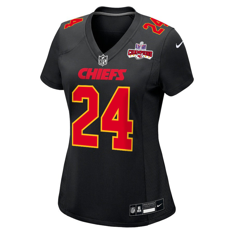 Skyy Moore 24 Kansas City Chiefs Super Bowl LVIII Champions 4 Stars Patch Fashion Game Jersey – Carbon Black JS9474