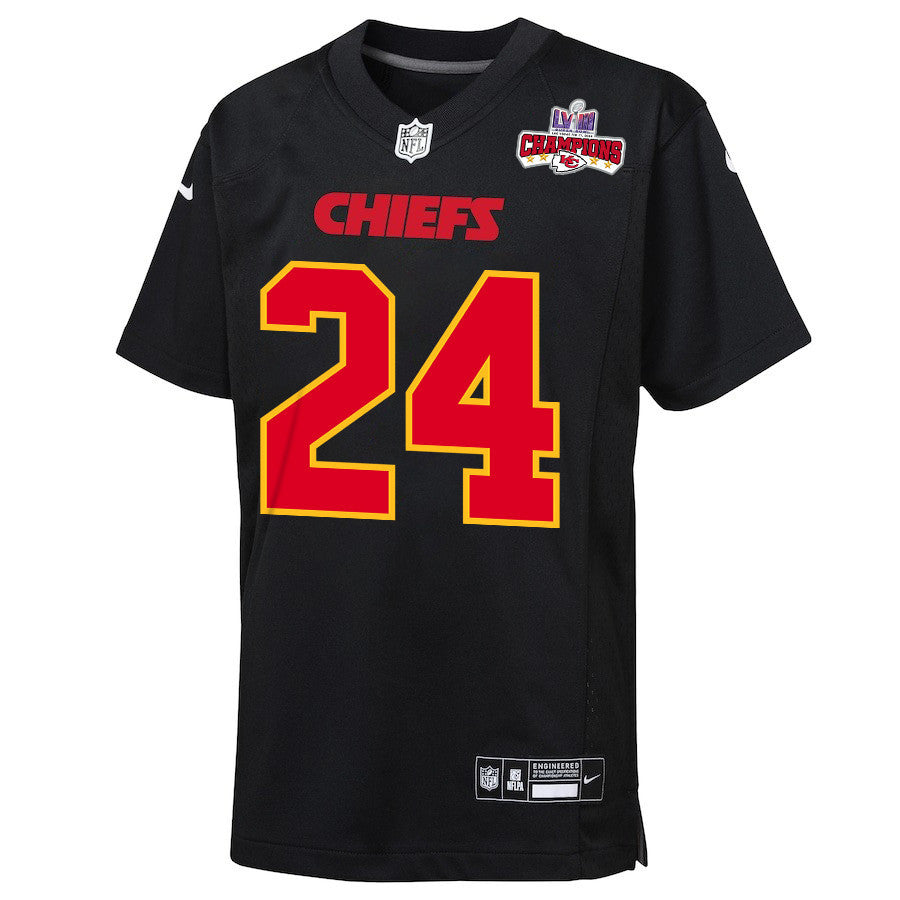 Skyy Moore 24 Kansas City Chiefs Super Bowl LVIII Champions 4 Stars Patch Fashion Game Jersey – Carbon Black JS2963