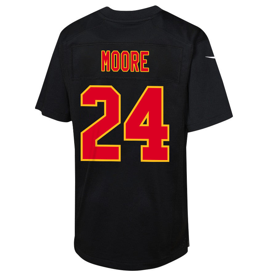 Skyy Moore 24 Kansas City Chiefs Super Bowl LVIII Champions 4 Stars Patch Fashion Game Jersey – Carbon Black JS2963