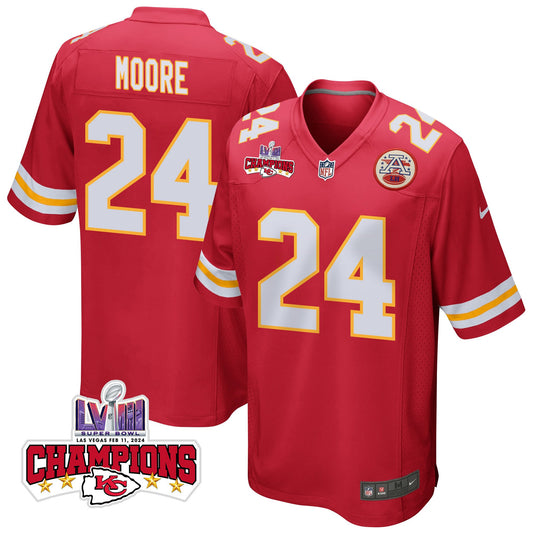 Skyy Moore 24 Kansas City Chiefs Super Bowl LVIII Champions 4 Stars Patch Game Jersey – Red JS5686