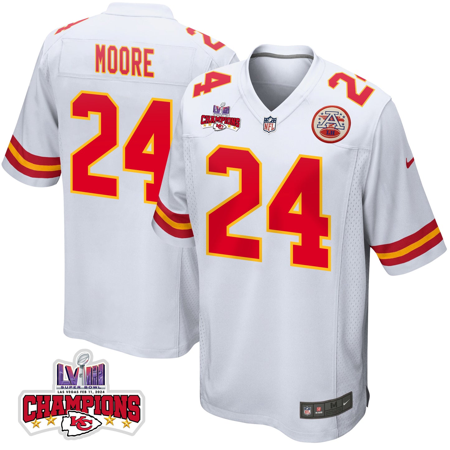 Skyy Moore 24 Kansas City Chiefs Super Bowl LVIII Champions 4 Stars Patch Game Jersey – White JS8702