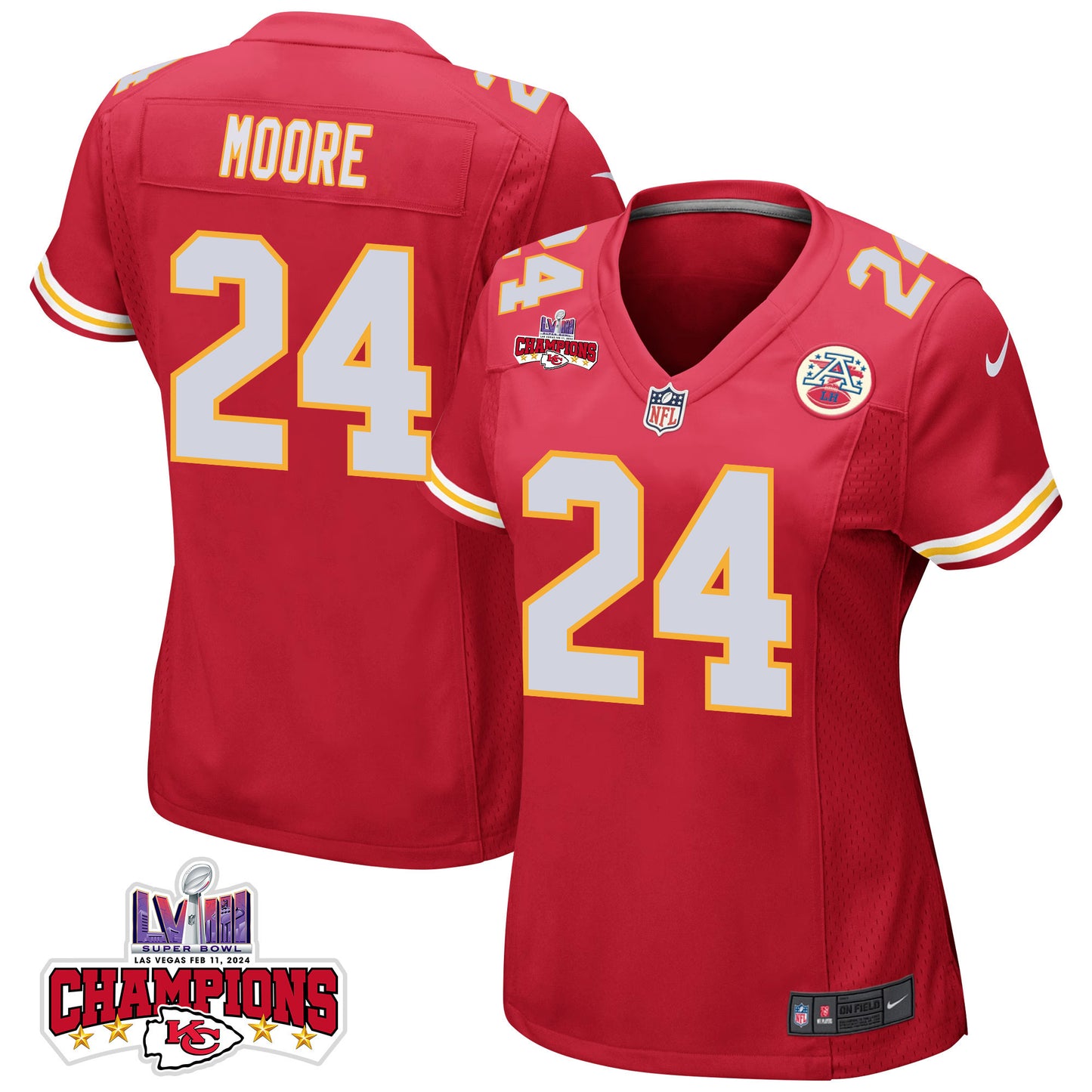 Skyy Moore 24 Kansas City Chiefs Super Bowl LVIII Champions 4 Stars Patch Game Jersey – Red JS7536