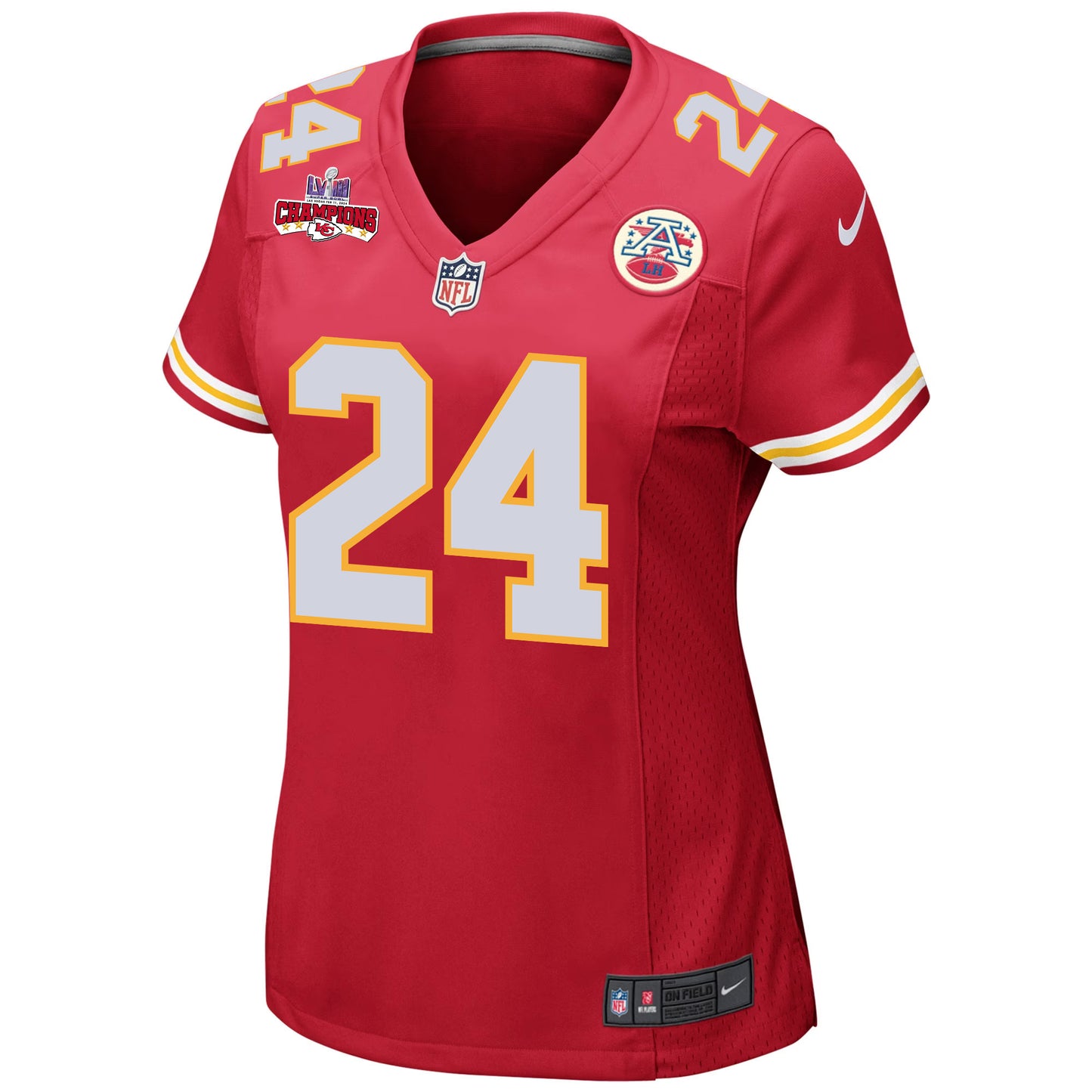 Skyy Moore 24 Kansas City Chiefs Super Bowl LVIII Champions 4 Stars Patch Game Jersey – Red JS7536