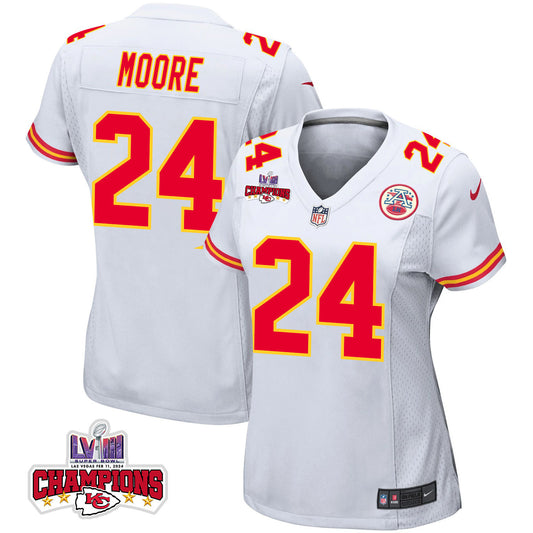 Skyy Moore 24 Kansas City Chiefs Super Bowl LVIII Champions 4 Stars Patch Game Jersey – White JS9632