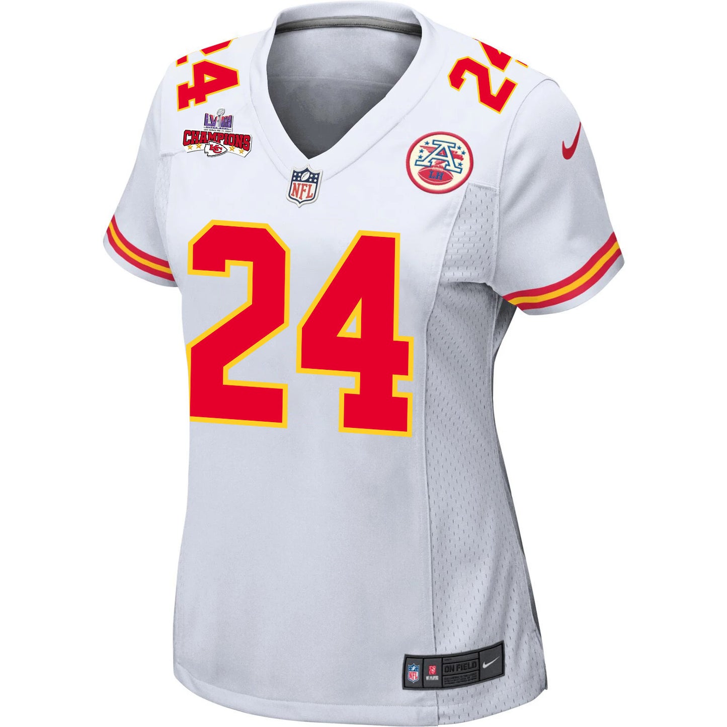Skyy Moore 24 Kansas City Chiefs Super Bowl LVIII Champions 4 Stars Patch Game Jersey – White JS9632