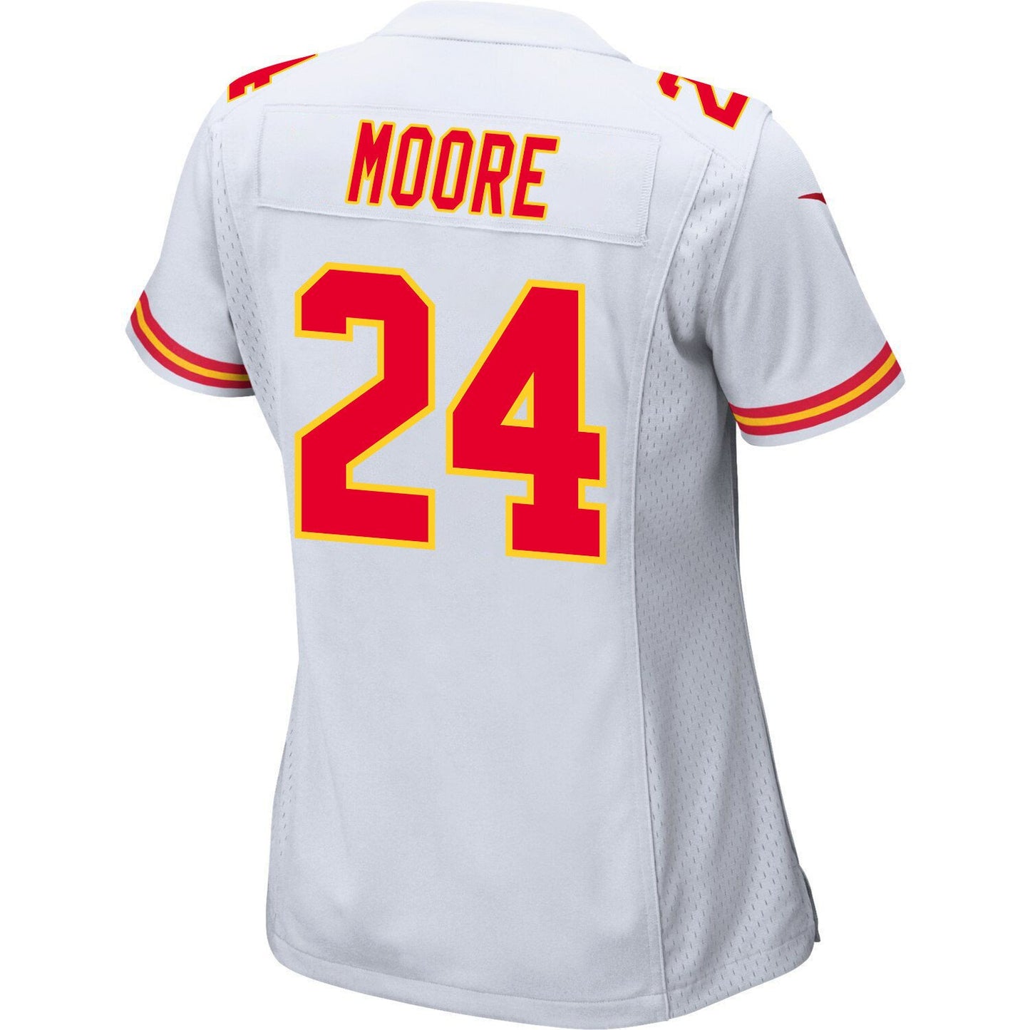 Skyy Moore 24 Kansas City Chiefs Super Bowl LVIII Champions 4 Stars Patch Game Jersey – White JS9632