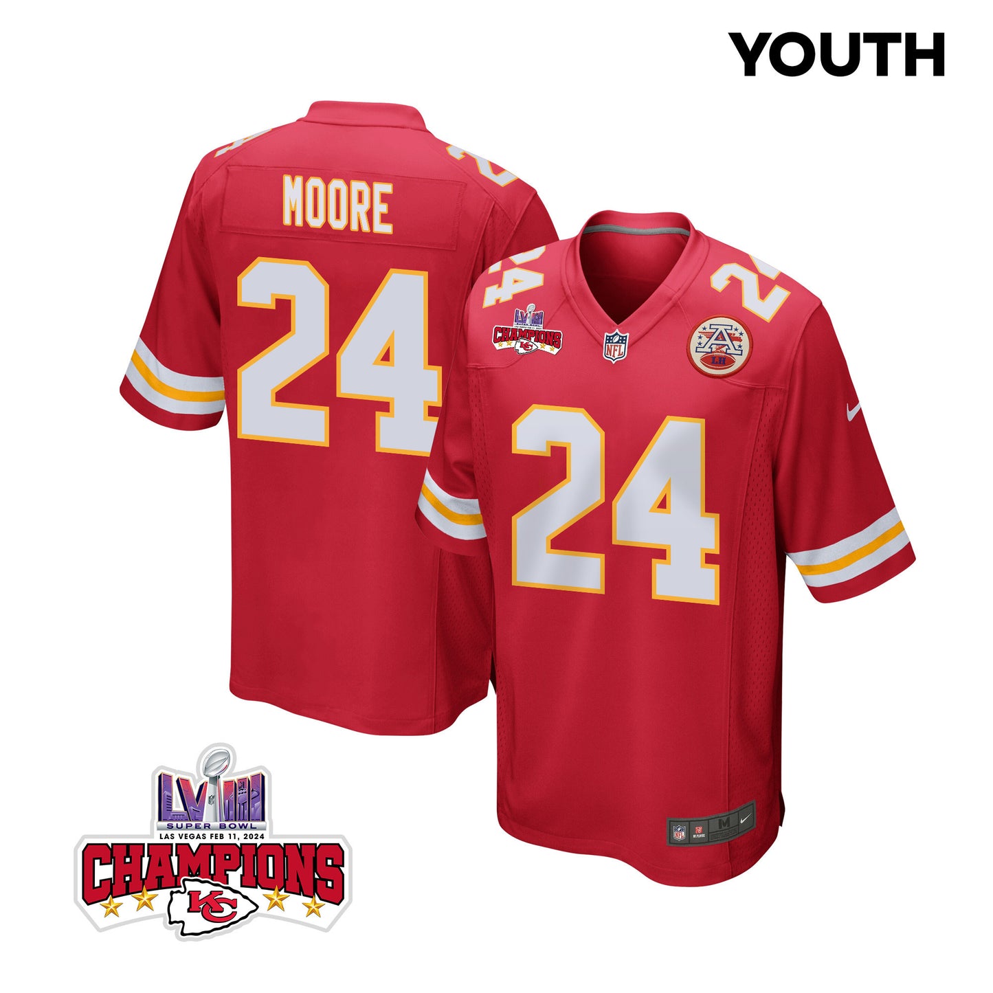 Skyy Moore 24 Kansas City Chiefs Super Bowl LVIII Champions 4 Stars Patch Game Jersey – Red JS6979
