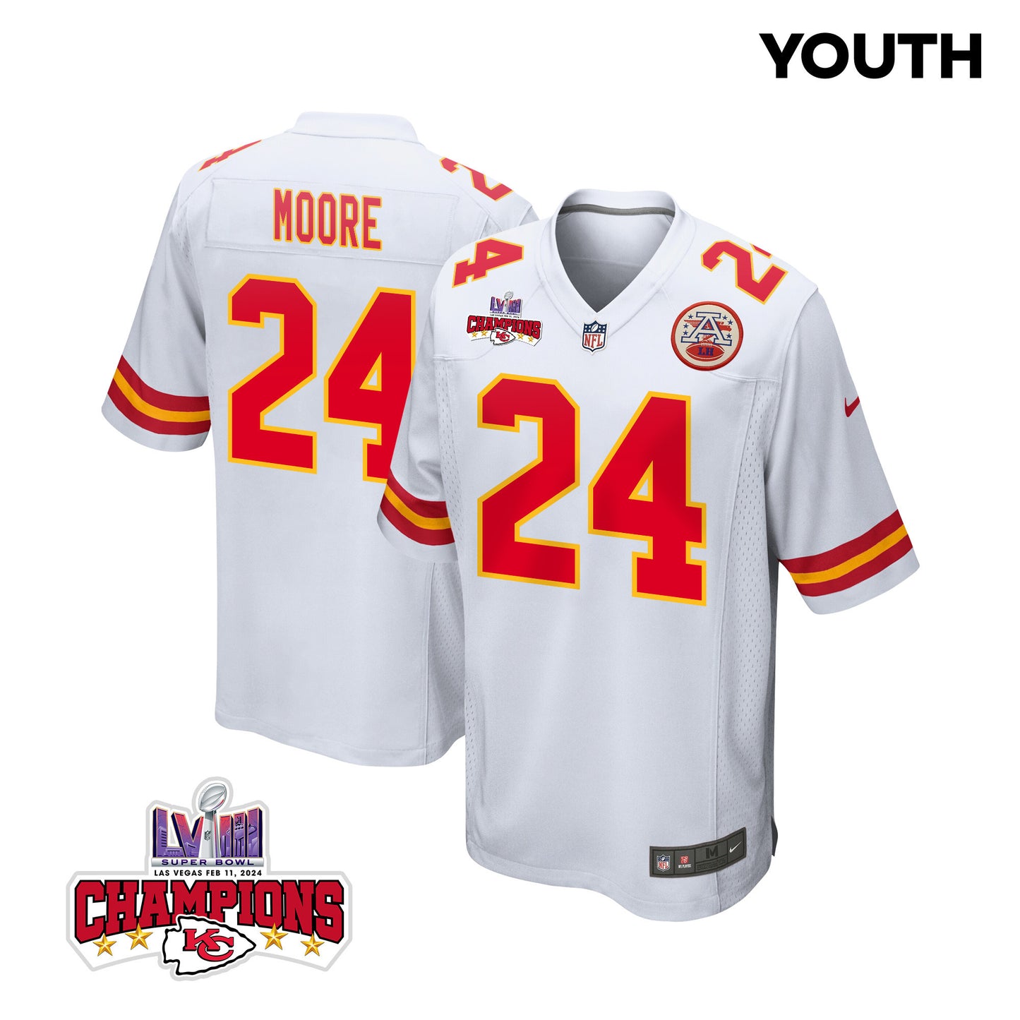 Skyy Moore 24 Kansas City Chiefs Super Bowl LVIII Champions 4 Stars Patch Game Jersey – White JS6706