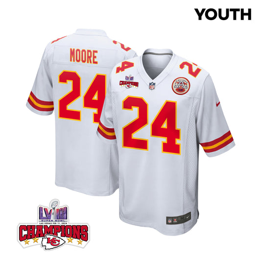 Skyy Moore 24 Kansas City Chiefs Super Bowl LVIII Champions 4 Stars Patch Game Jersey – White JS6706