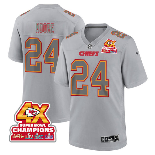 Skyy Moore 24 Kansas City Chiefs Super Bowl LVIII Champions 4X Atmosphere Fashion Game Jersey – Gray JS2071