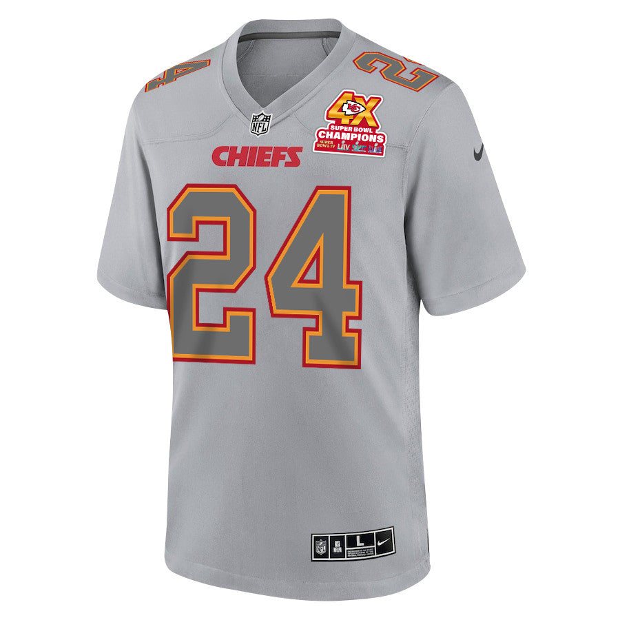 Skyy Moore 24 Kansas City Chiefs Super Bowl LVIII Champions 4X Atmosphere Fashion Game Jersey – Gray JS2071