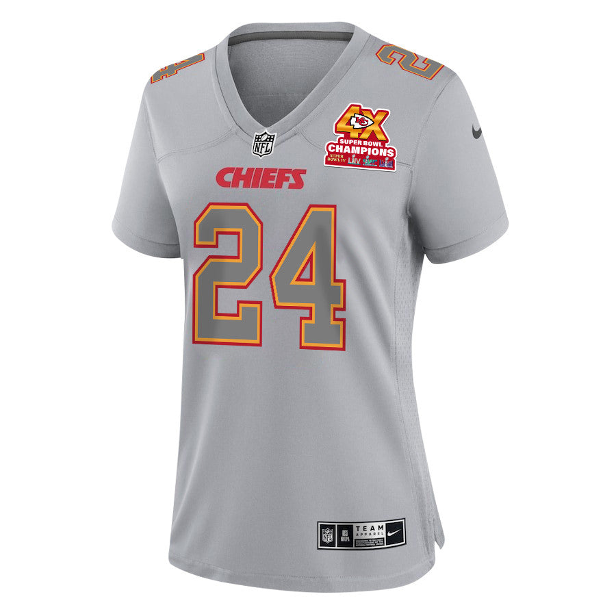 Skyy Moore 24 Kansas City Chiefs Super Bowl LVIII Champions 4X Atmosphere Fashion Game Jersey – Gray JS4793