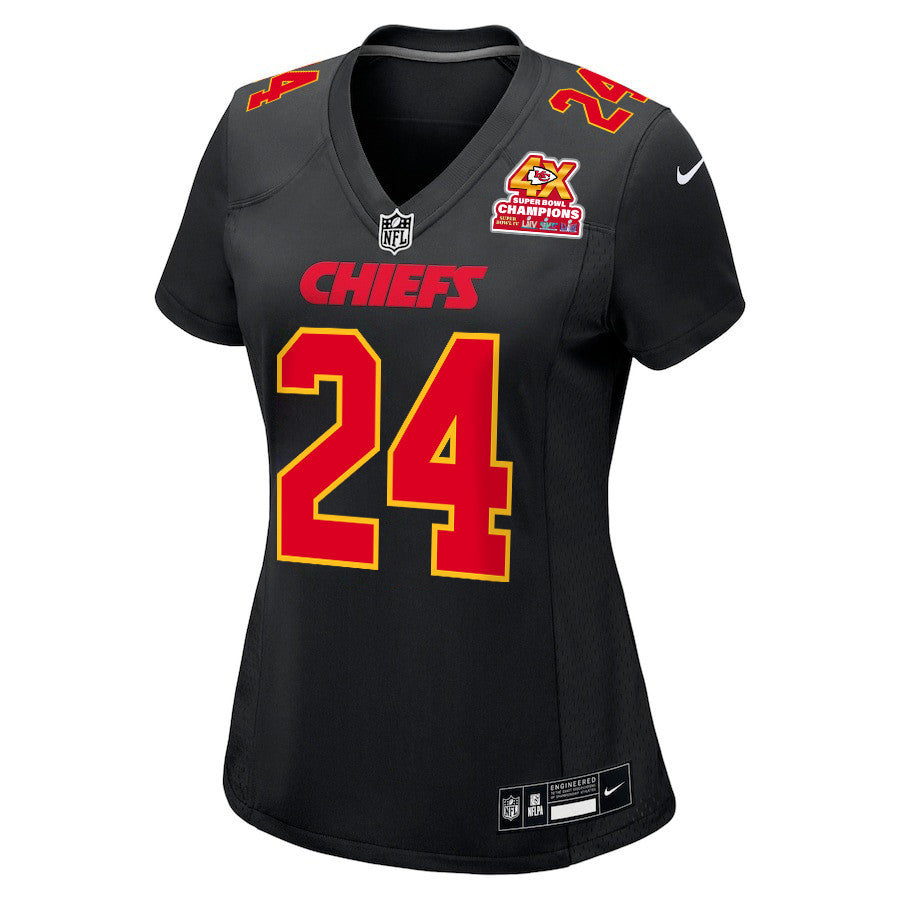 Skyy Moore 24 Kansas City Chiefs Super Bowl LVIII Champions 4X Fashion Game Jersey – Carbon Black JS9687