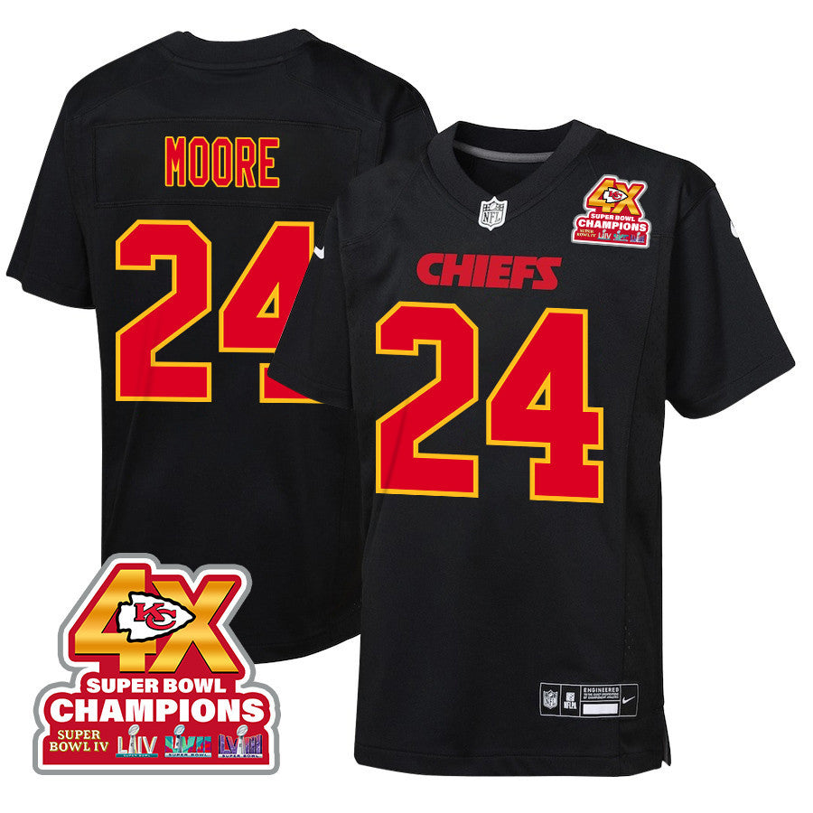 Skyy Moore 24 Kansas City Chiefs Super Bowl LVIII Champions 4X Fashion Game Jersey – Carbon Black JS9647