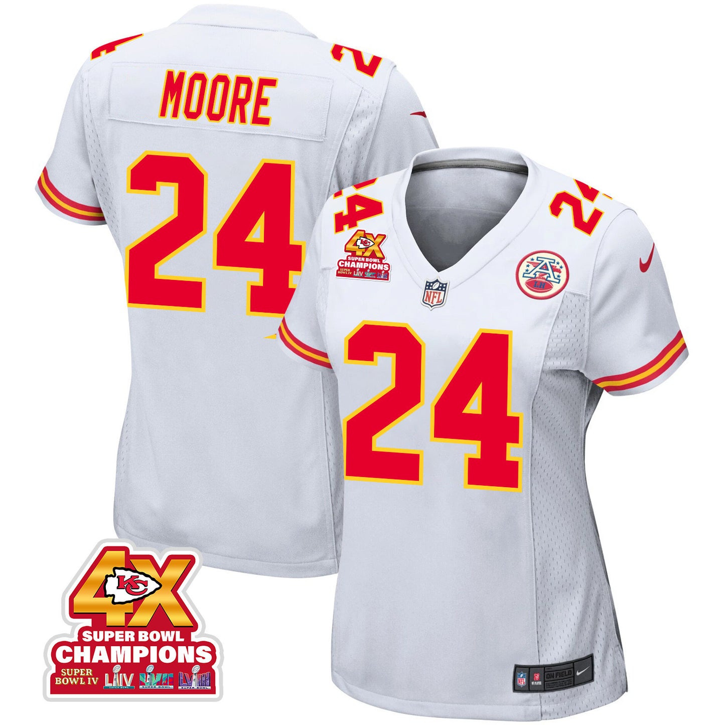 Skyy Moore 24 Kansas City Chiefs Super Bowl LVIII Champions 4X Game Jersey – White JS1189