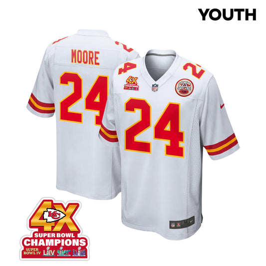 Skyy Moore 24 Kansas City Chiefs Super Bowl LVIII Champions 4X Game Jersey – White JS9201