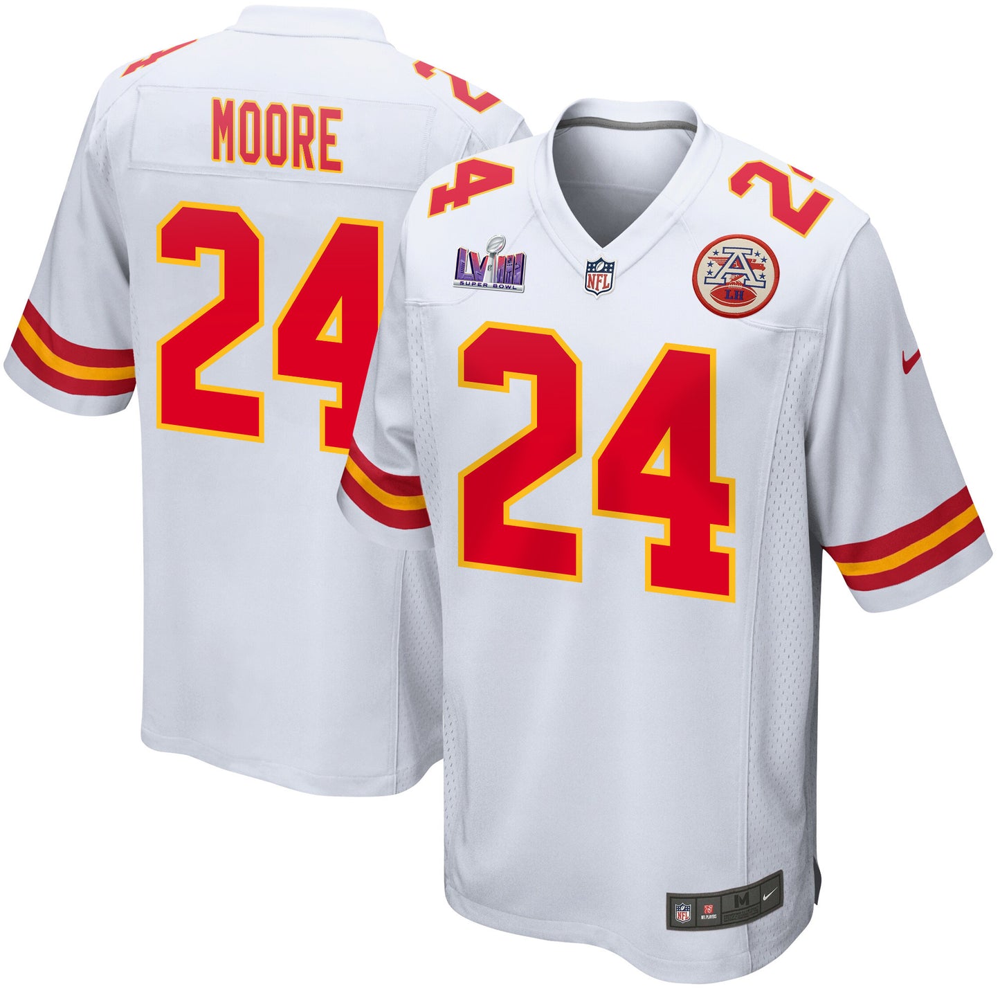 Skyy Moore 24 Kansas City Chiefs Super Bowl LVIII Patch Game Jersey – White JS3131