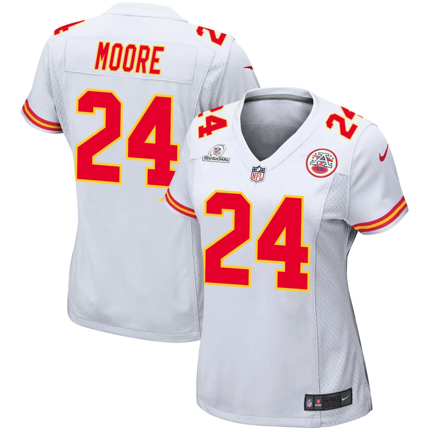 Skyy Moore 24 Kansas City Chiefs Super Bowl LVIII Patch Game Jersey – White JS2609