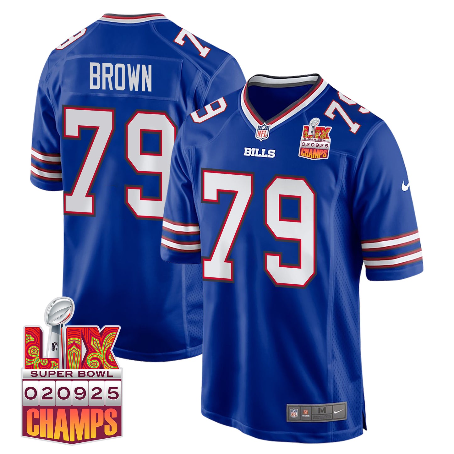 Spencer Brown 79 Buffalo Bills Super Bowl LIX Champions Patch Game Jersey – Royal JS6636