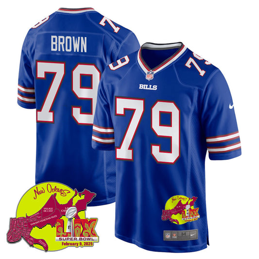 Spencer Brown 79 Buffalo Bills Super Bowl LIX New Orleans Patch Game Jersey – Royal JS8075